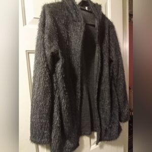 Eyelash Fleece Open Front Hooded Draped Cardigan, Small